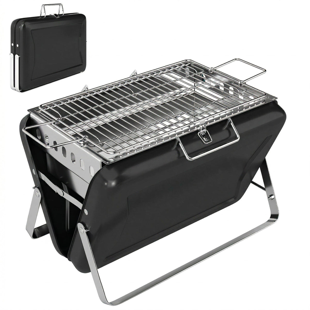 Outsunny Charcoal BBQ Grill Portable Stainless Steel Barbecue with Tilting Grate for Camping Picnic Garden Black - SGP Garden Ltd