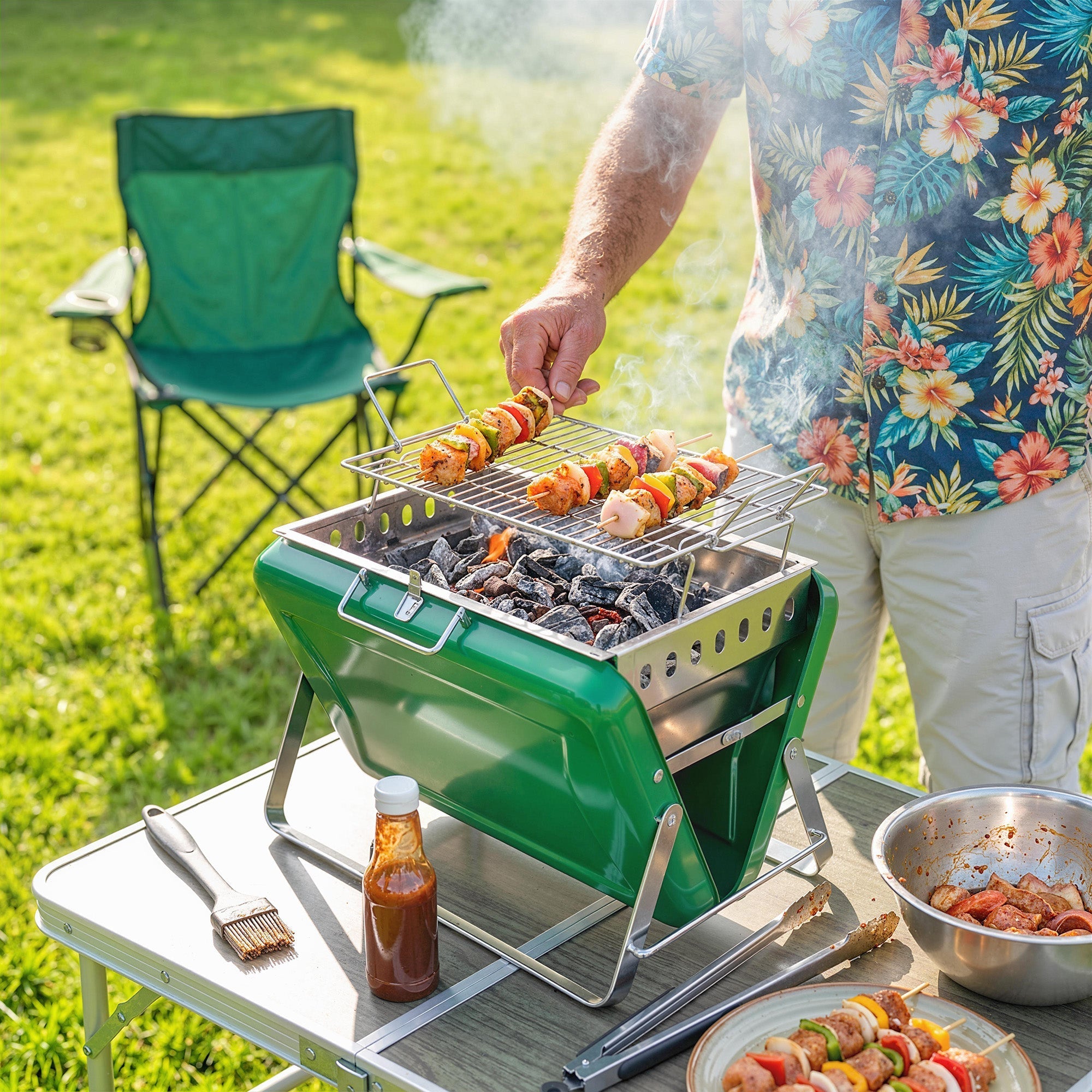 Outsunny Charcoal BBQ Grill Portable Stainless Steel Barbecue with Tilting Grate for Camping Picnic Garden Dark Green - SGP Garden Ltd