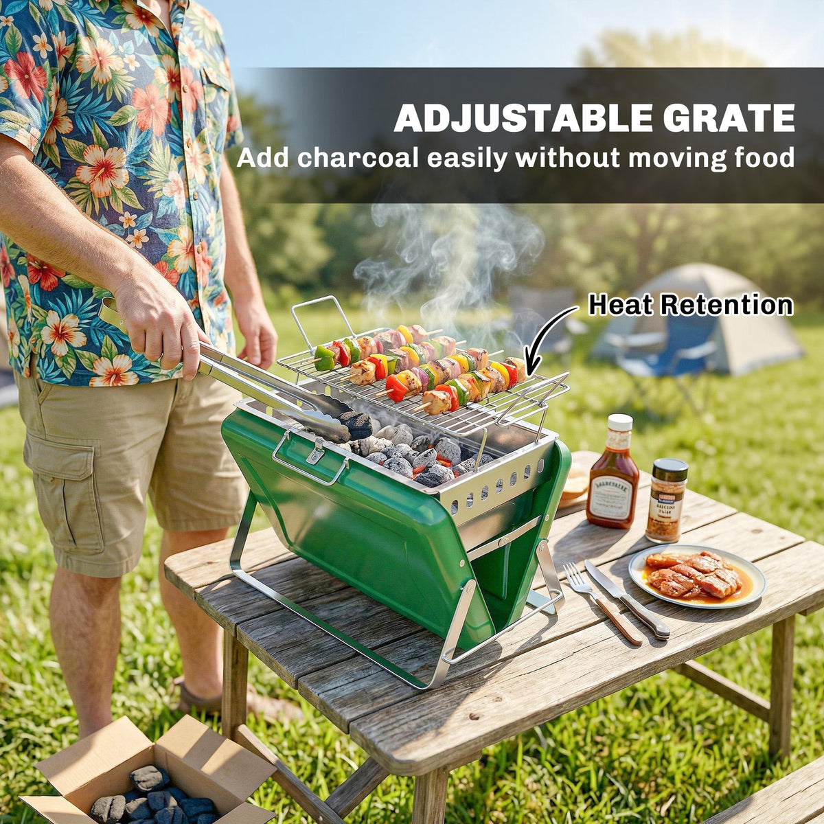 Outsunny Charcoal BBQ Grill Portable Stainless Steel Barbecue with Tilting Grate for Camping Picnic Garden Dark Green - SGP Garden Ltd