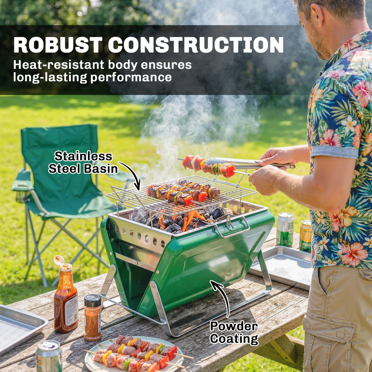 Outsunny Charcoal BBQ Grill Portable Stainless Steel Barbecue with Tilting Grate for Camping Picnic Garden Dark Green - SGP Garden Ltd