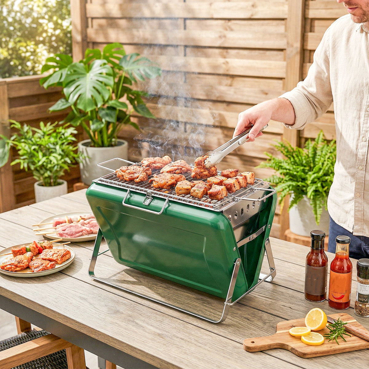 Outsunny Charcoal BBQ Grill Portable Stainless Steel Barbecue with Tilting Grate for Camping Picnic Garden Dark Green - SGP Garden Ltd