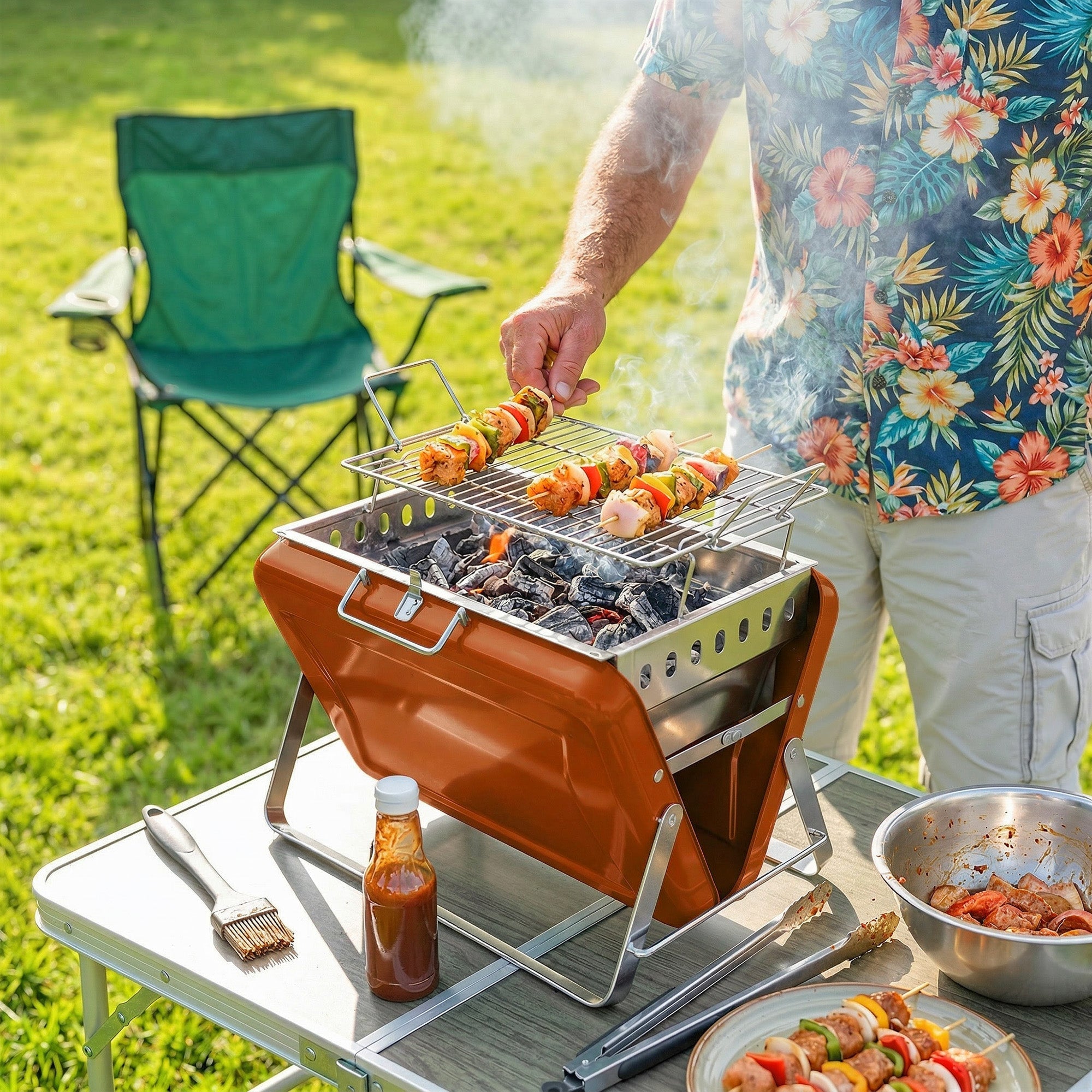 Outsunny Charcoal BBQ Grill Portable Stainless Steel Barbecue with Tilting Grate for Camping Picnic Garden Orange - SGP Garden Ltd