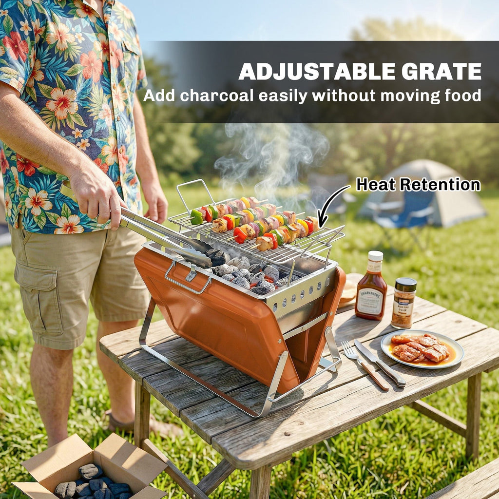 Outsunny Charcoal BBQ Grill Portable Stainless Steel Barbecue with Tilting Grate for Camping Picnic Garden Orange - SGP Garden Ltd