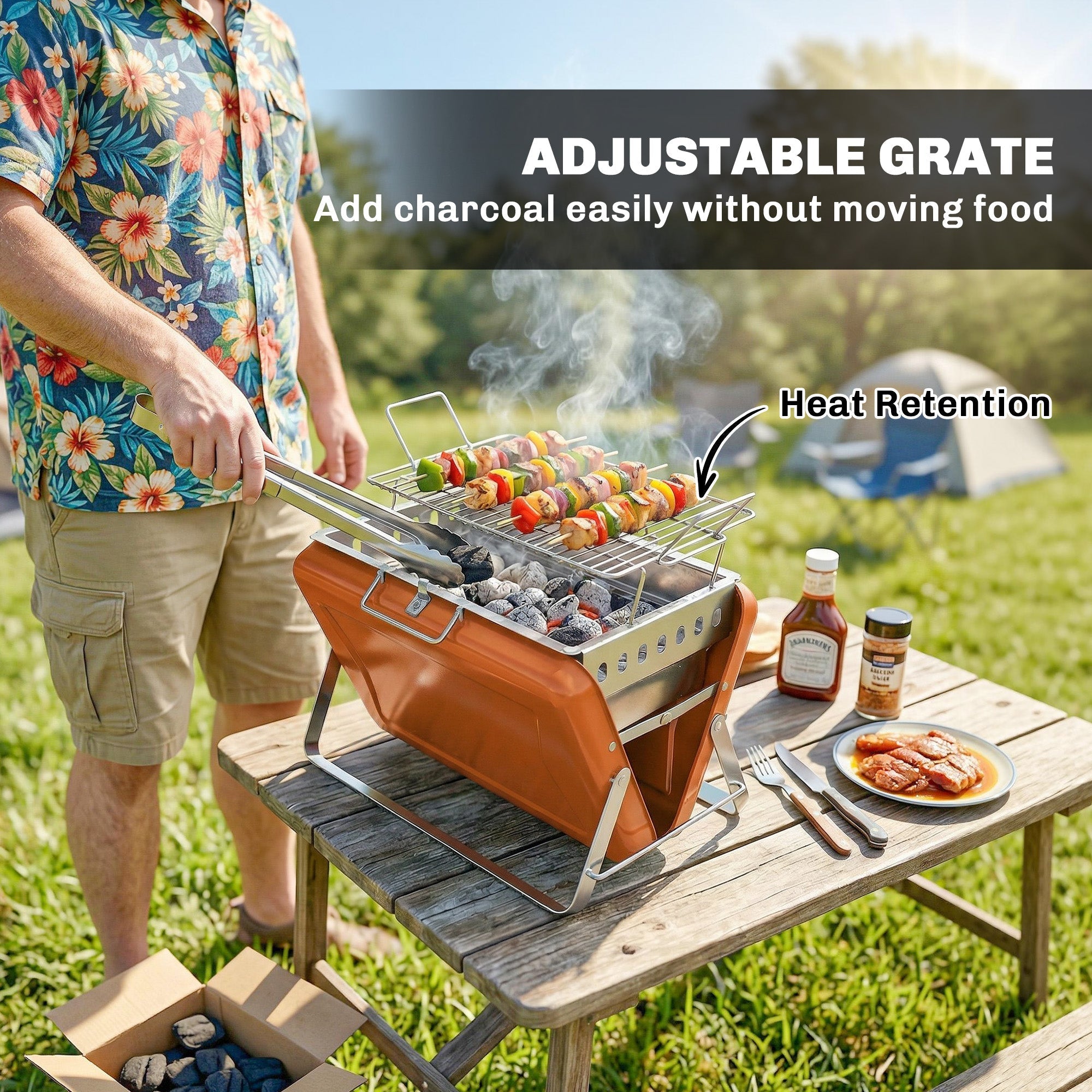 Outsunny Charcoal BBQ Grill Portable Stainless Steel Barbecue with Tilting Grate for Camping Picnic Garden Orange - SGP Garden Ltd