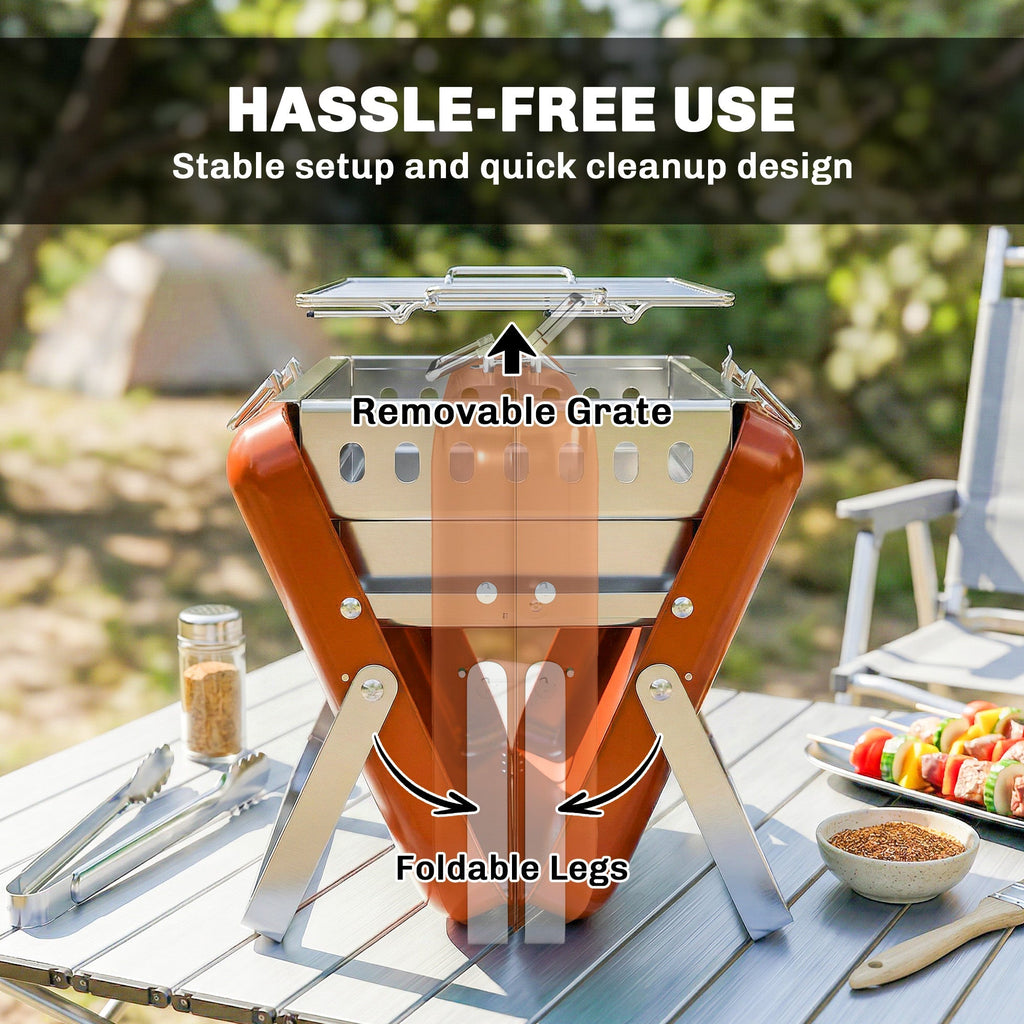 Outsunny Charcoal BBQ Grill Portable Stainless Steel Barbecue with Tilting Grate for Camping Picnic Garden Orange - SGP Garden Ltd