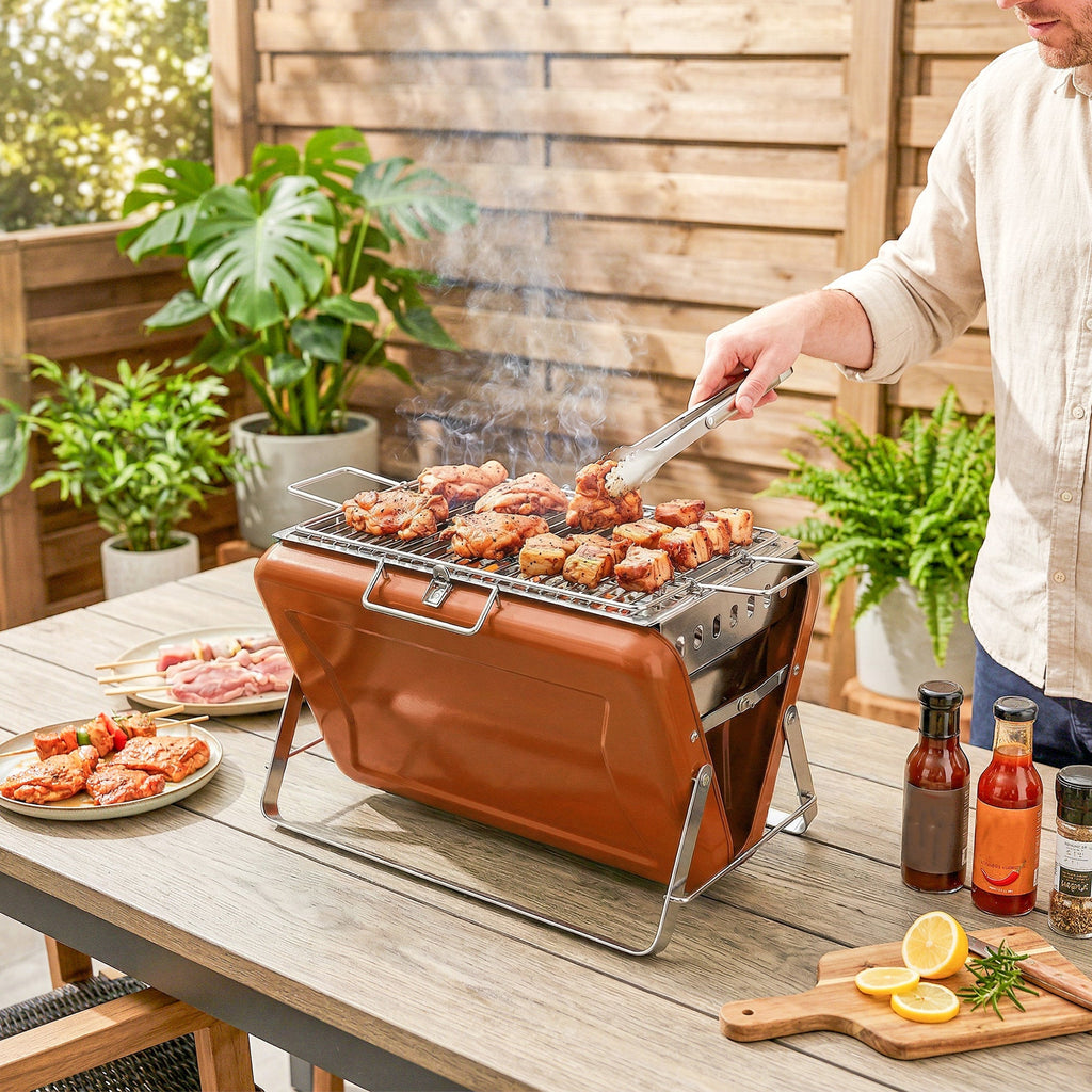 Outsunny Charcoal BBQ Grill Portable Stainless Steel Barbecue with Tilting Grate for Camping Picnic Garden Orange - SGP Garden Ltd