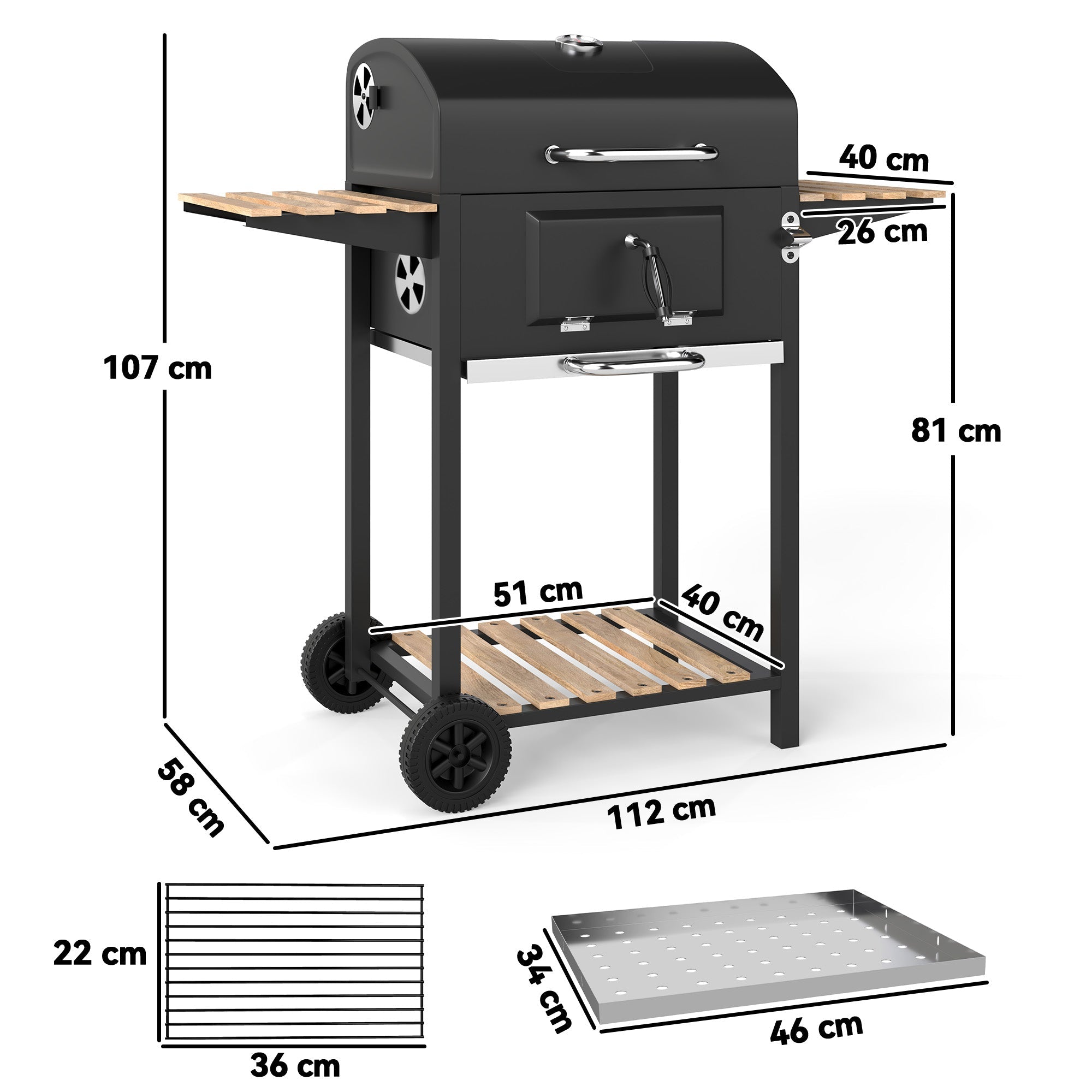 Outsunny Charcoal BBQ Grill with Height Adjustable Charcoal Pan, Portable Barbecue Smoker with Warming Rack, 3 Shelves, Temperature Gauge, Wheels, Bottle Opener for Outdoor Cooking Garden Party - SGP Garden Ltd