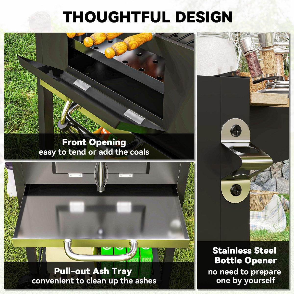 Outsunny Charcoal BBQ Grill with Height Adjustable Charcoal Pan, Portable Barbecue Smoker with Warming Rack, 3 Shelves, Temperature Gauge, Wheels, Bottle Opener for Outdoor Cooking Garden Party - SGP Garden Ltd