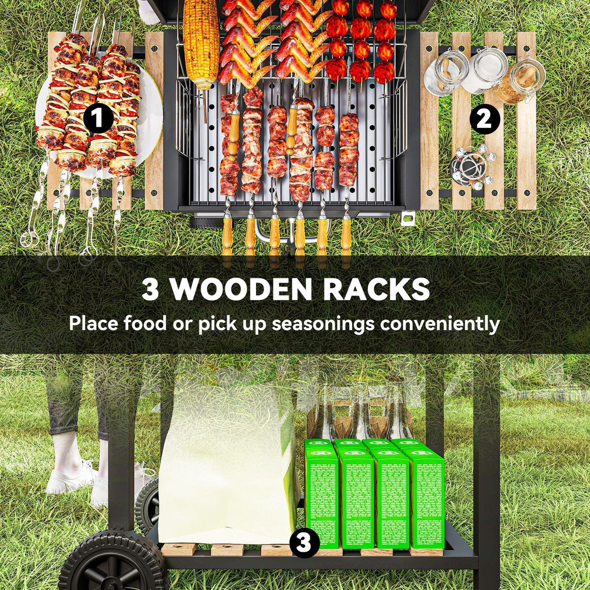 Outsunny Charcoal BBQ Grill with Height Adjustable Charcoal Pan, Portable Barbecue Smoker with Warming Rack, 3 Shelves, Temperature Gauge, Wheels, Bottle Opener for Outdoor Cooking Garden Party - SGP Garden Ltd