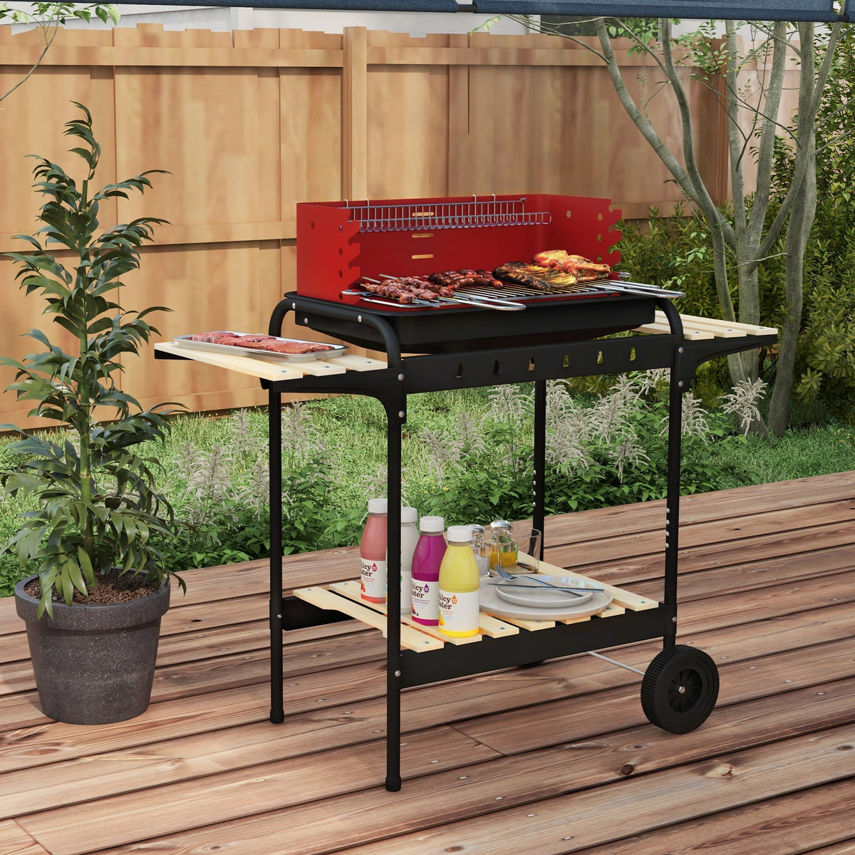 Outsunny Charcoal BBQ, with Five Position Grill Grate - Red - SGP Garden Ltd