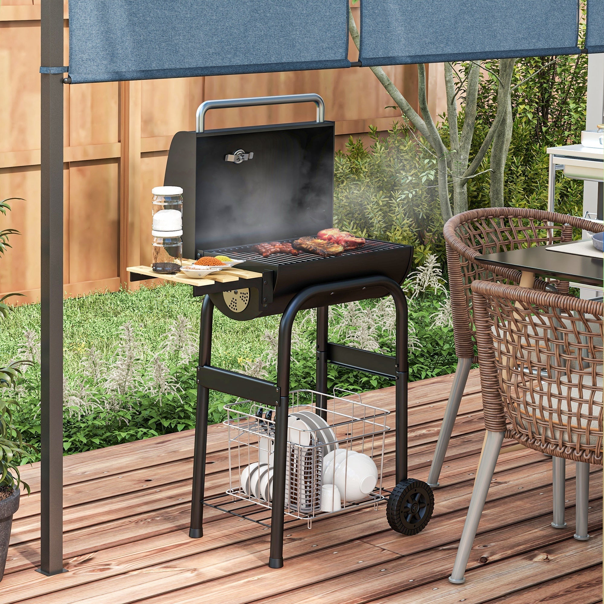 Outsunny Charcoal BBQ, with Thermometer, Shelves and Wheels - SGP Garden Ltd