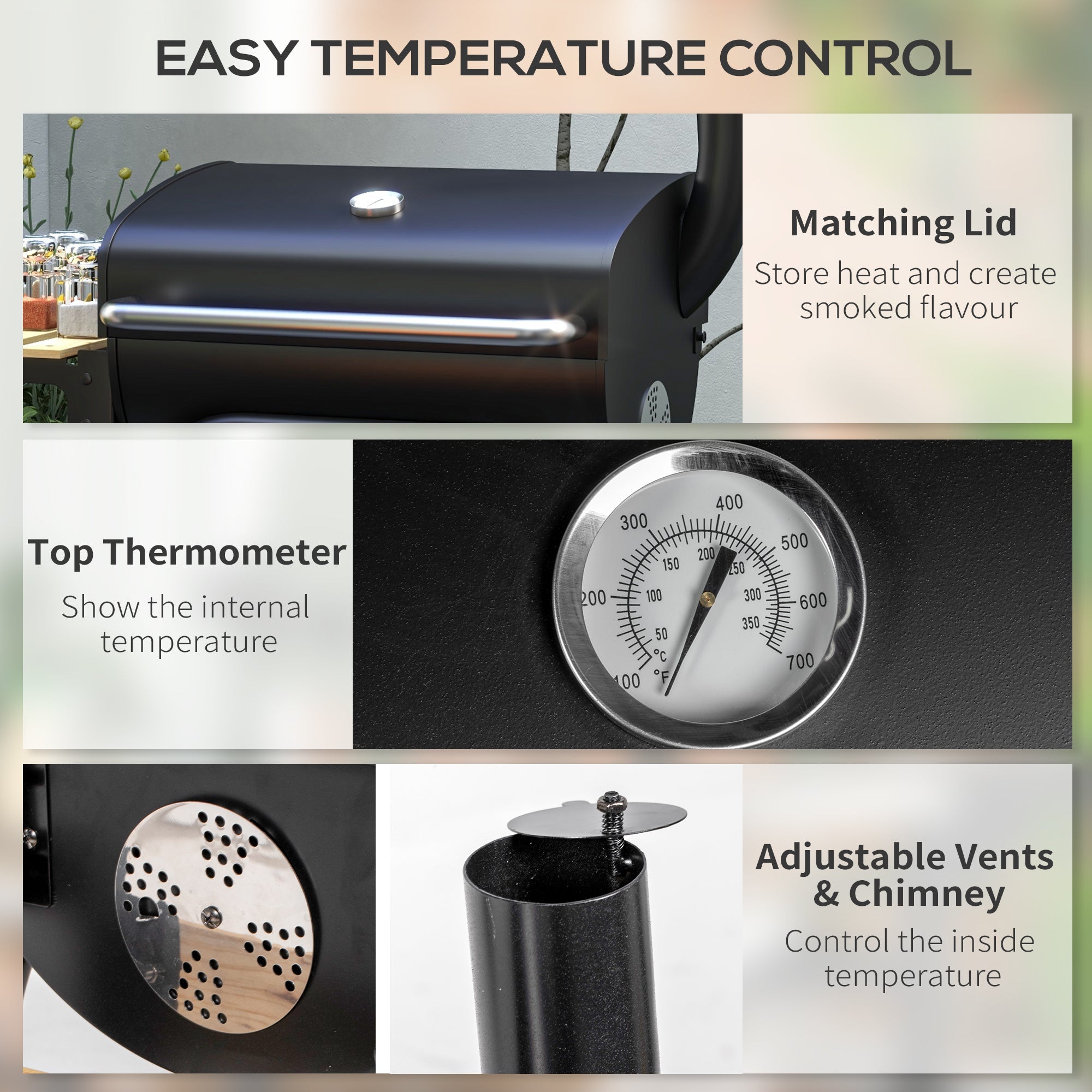 Outsunny Charcoal BBQ, with Thermometer, Shelves and Wheels - SGP Garden Ltd