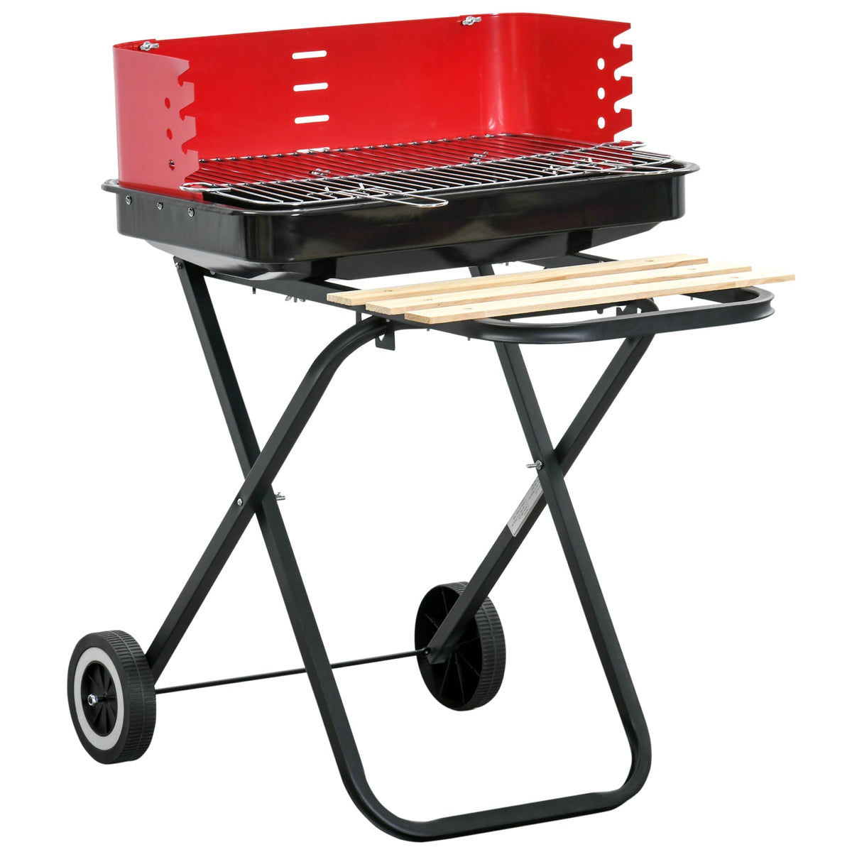 Outsunny Charcoal Trolley BBQ Barbecue Grill Patio Camping Picnic Garden Party Outdoor Cooking with Windshield, Wheels Side Trays, Black/Red - SGP Garden Ltd