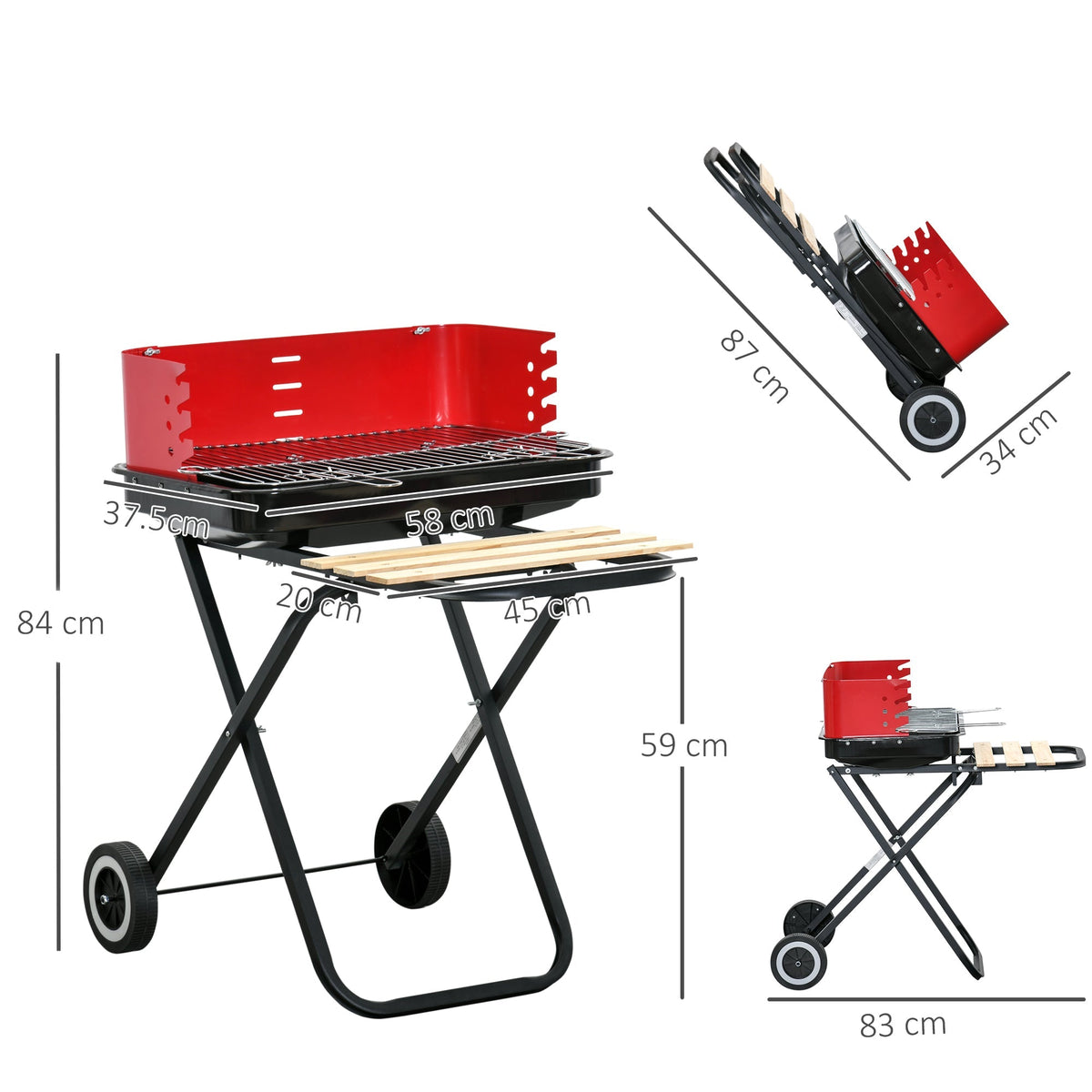 Outsunny Charcoal Trolley BBQ Barbecue Grill Patio Camping Picnic Garden Party Outdoor Cooking with Windshield, Wheels Side Trays, Black/Red - SGP Garden Ltd