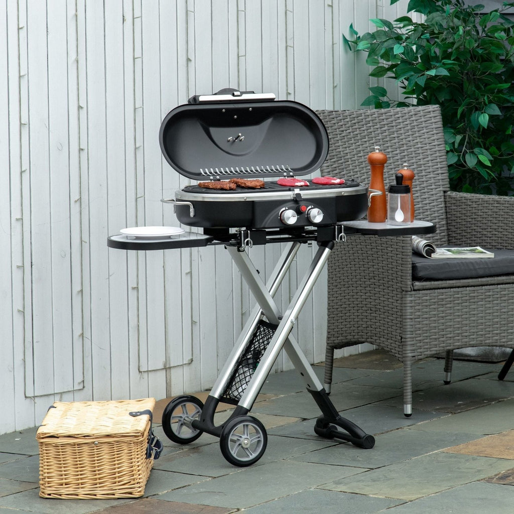Outsunny Foldable Gas BBQ Grill 2 Burner Garden Barbecue Trolley w/ Lid Side Shelves Storage Pocket Piezo Ignition Thermometer, Aluminium Alloy - SGP Garden Ltd