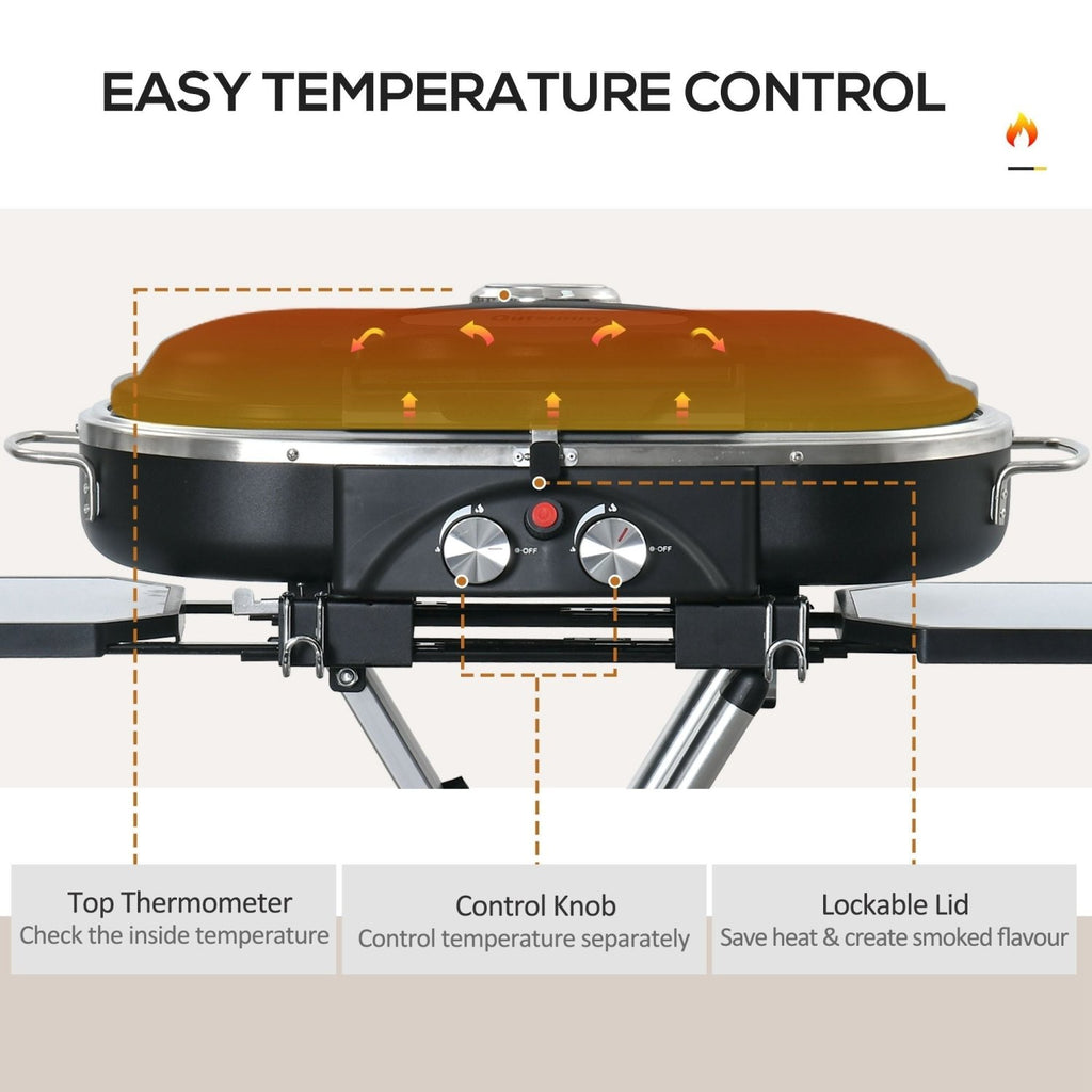 Outsunny Foldable Gas BBQ Grill 2 Burner Garden Barbecue Trolley w/ Lid Side Shelves Storage Pocket Piezo Ignition Thermometer, Aluminium Alloy - SGP Garden Ltd