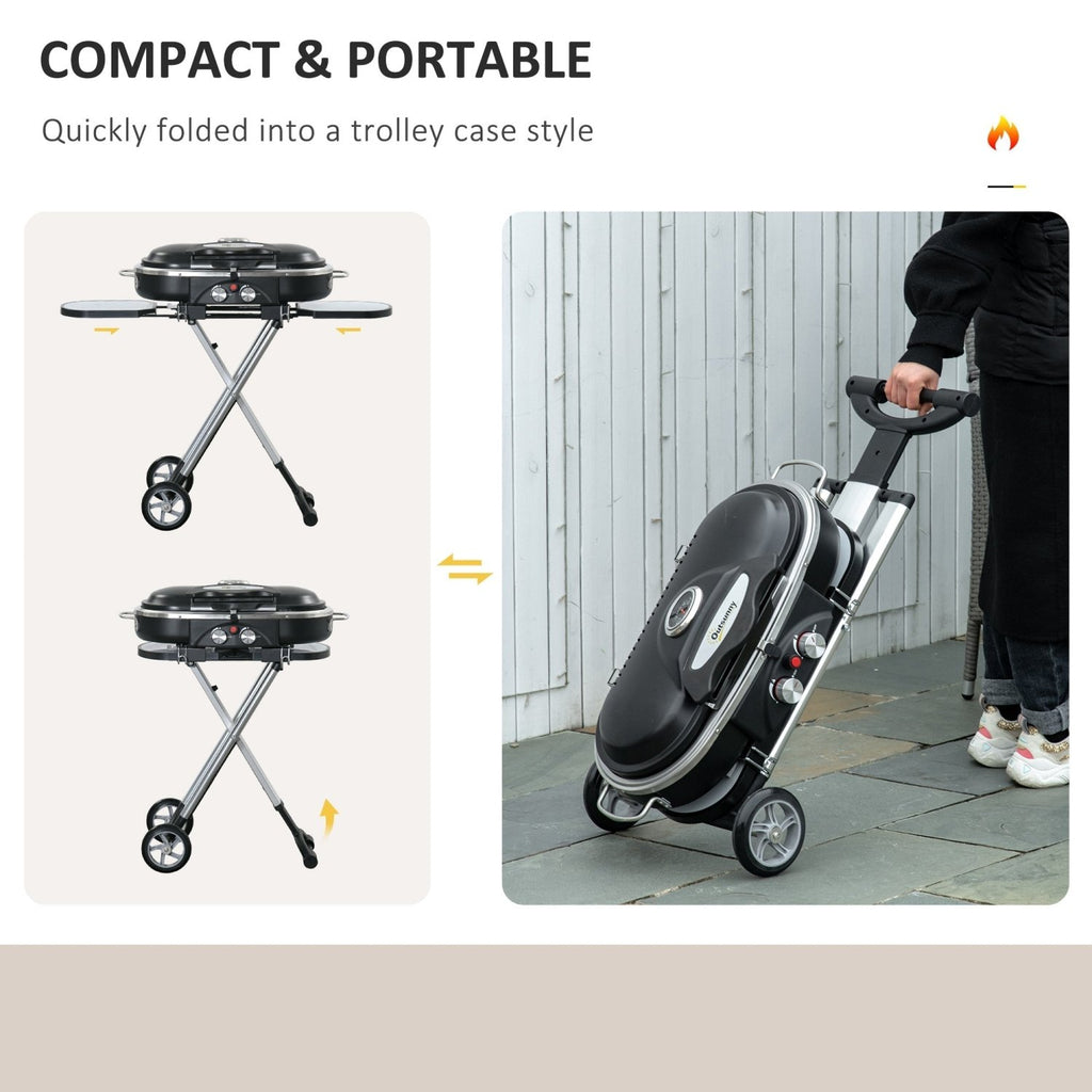 Outsunny Foldable Gas BBQ Grill 2 Burner Garden Barbecue Trolley w/ Lid Side Shelves Storage Pocket Piezo Ignition Thermometer, Aluminium Alloy - SGP Garden Ltd