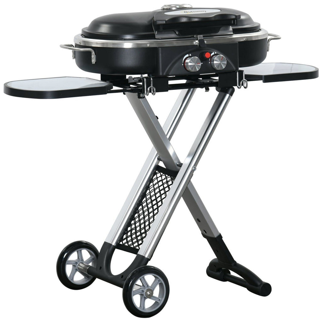 Outsunny Foldable Gas BBQ Grill 2 Burner Garden Barbecue Trolley w/ Lid Side Shelves Storage Pocket Piezo Ignition Thermometer, Aluminium Alloy - SGP Garden Ltd