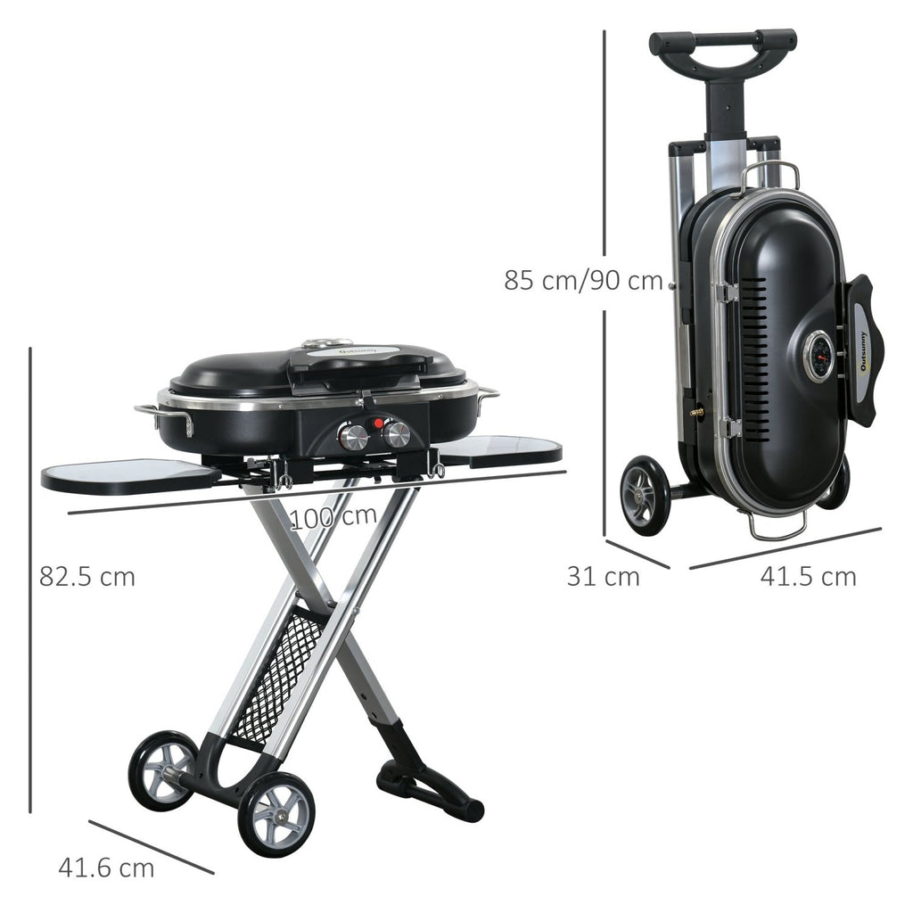 Outsunny Foldable Gas BBQ Grill 2 Burner Garden Barbecue Trolley w/ Lid Side Shelves Storage Pocket Piezo Ignition Thermometer, Aluminium Alloy - SGP Garden Ltd
