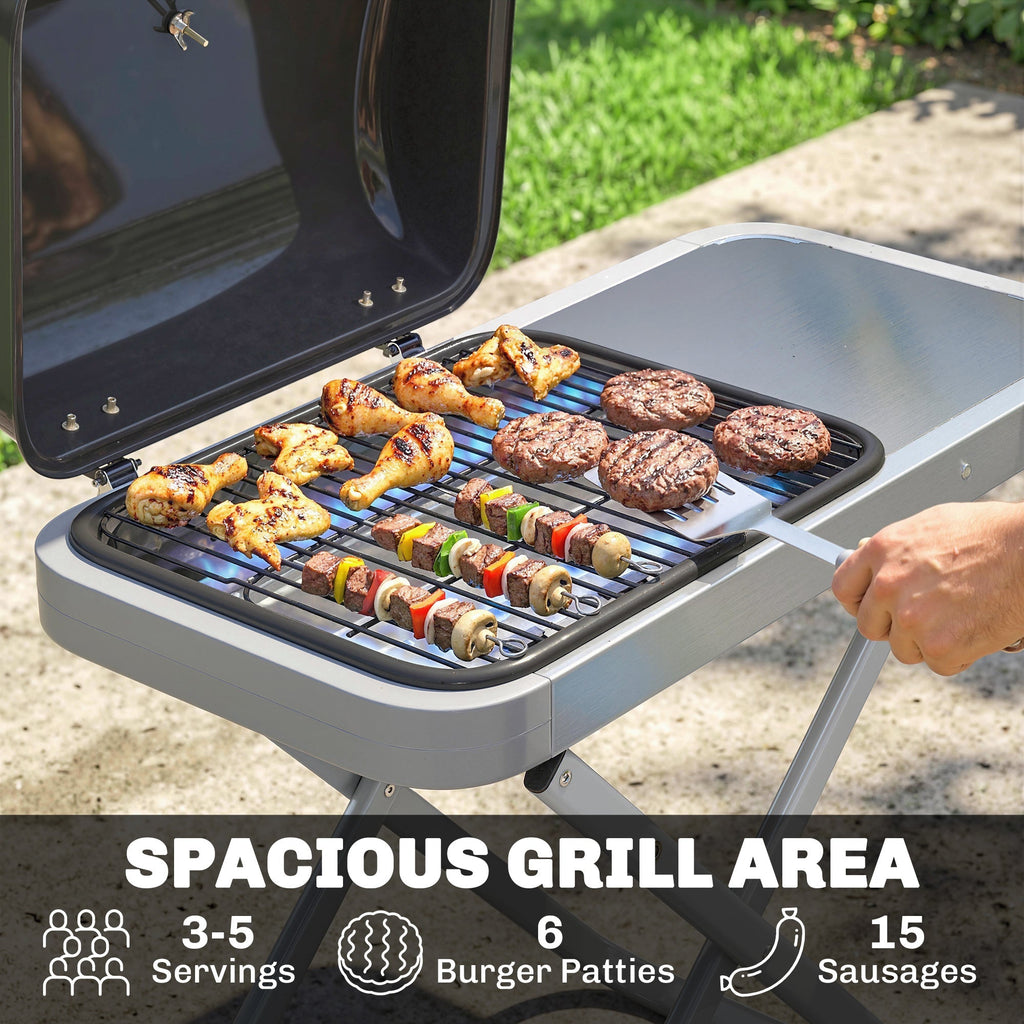 Outsunny Foldable Gas BBQ Grill with Side Table, Portable Gas Barbecue Grill with Thermometer, Grease Box, Wheels, 2.5 kW, Black - SGP Garden Ltd