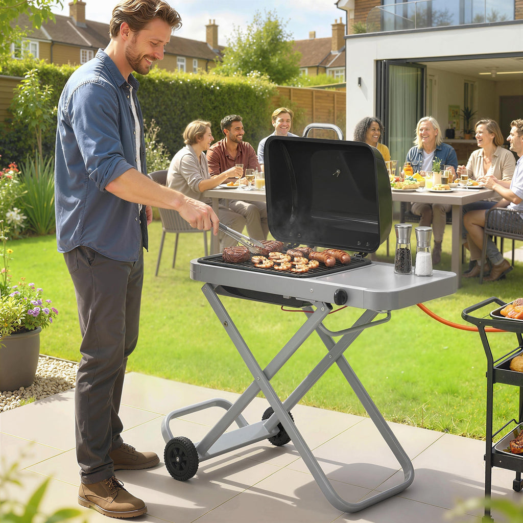 Outsunny Foldable Gas BBQ Grill with Side Table, Portable Gas Barbecue Grill with Thermometer, Grease Box, Wheels, 2.5 kW, Black - SGP Garden Ltd