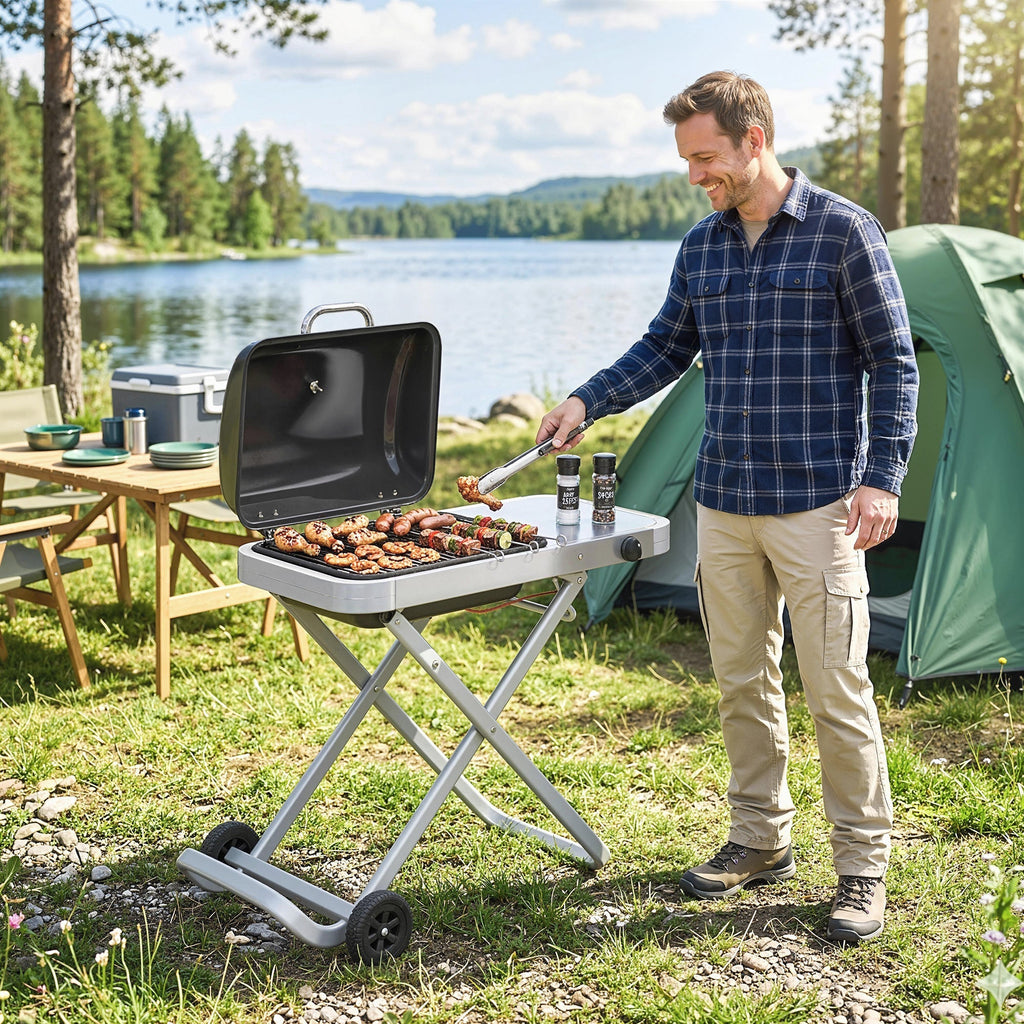 Outsunny Foldable Gas BBQ Grill with Side Table, Portable Gas Barbecue Grill with Thermometer, Grease Box, Wheels, 2.5 kW, Black - SGP Garden Ltd