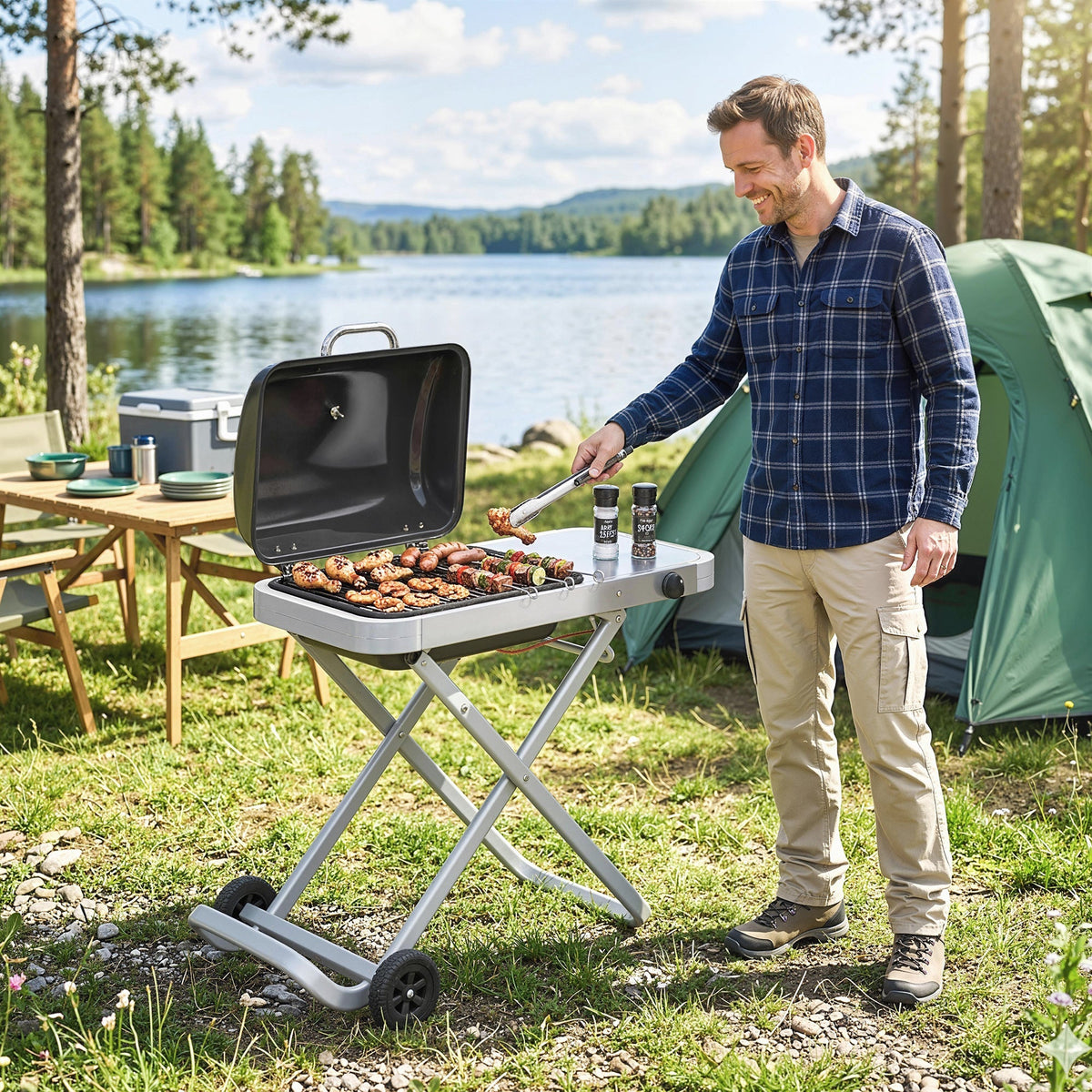 Outsunny Foldable Gas BBQ Grill with Side Table, Portable Gas Barbecue Grill with Thermometer, Grease Box, Wheels, 2.5 kW, Black - SGP Garden Ltd