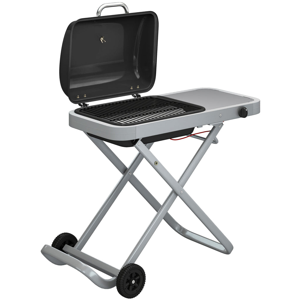 Outsunny Foldable Gas BBQ Grill with Side Table, Portable Gas Barbecue Grill with Thermometer, Grease Box, Wheels, 2.5 kW, Black - SGP Garden Ltd