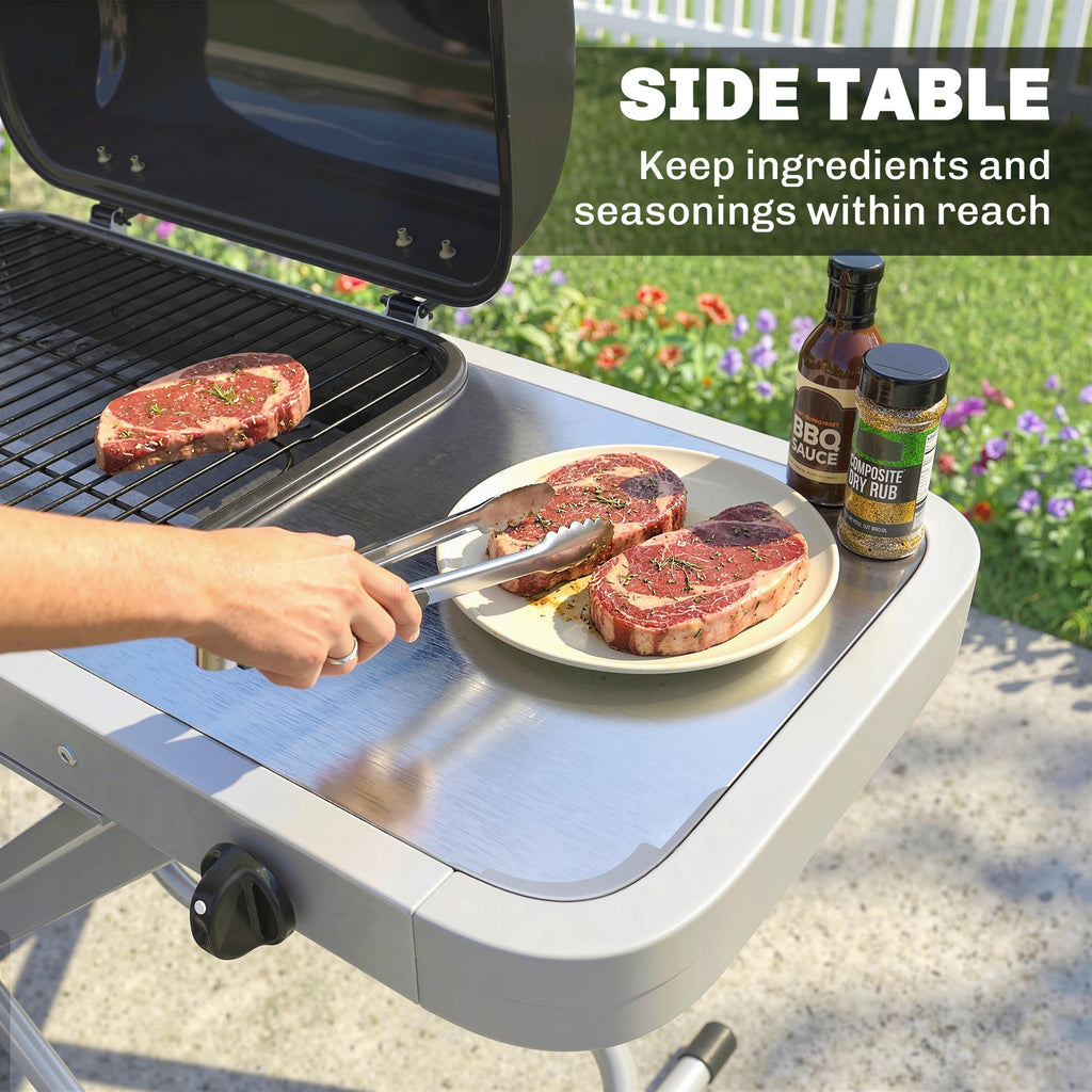 Outsunny Foldable Gas BBQ Grill with Side Table, Portable Gas Barbecue Grill with Thermometer, Grease Box, Wheels, 2.5 kW, Black - SGP Garden Ltd