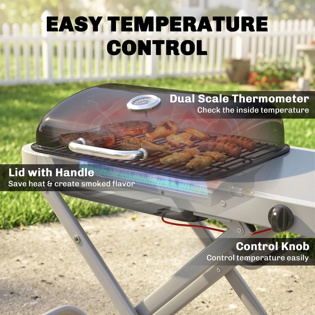 Outsunny Foldable Gas BBQ Grill with Side Table, Portable Gas Barbecue Grill with Thermometer, Grease Box, Wheels, 2.5 kW, Black - SGP Garden Ltd