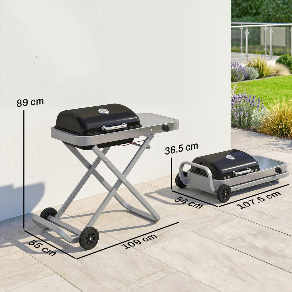 Outsunny Foldable Gas BBQ Grill with Side Table, Portable Gas Barbecue Grill with Thermometer, Grease Box, Wheels, 2.5 kW, Black - SGP Garden Ltd