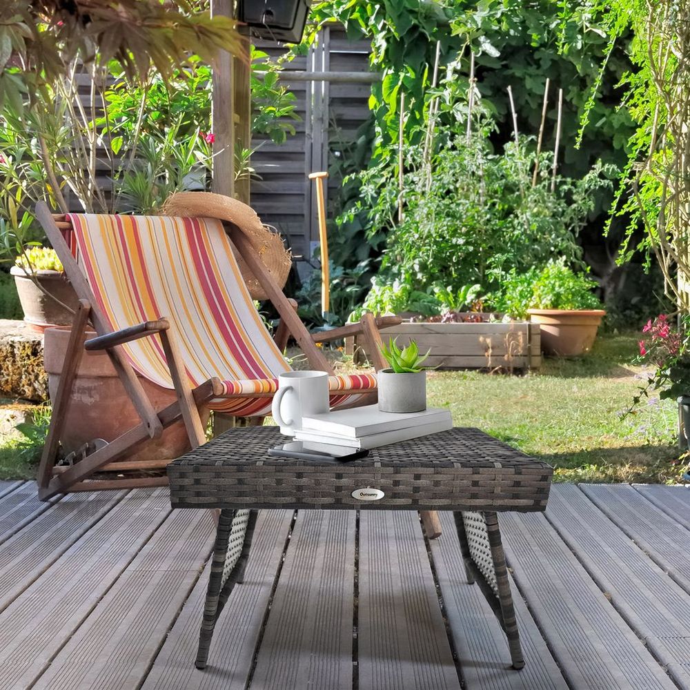 Outsunny Foldable Outdoor Coffee Table, Metal Frame Rattan Side Table, Grey - SGP Garden Ltd