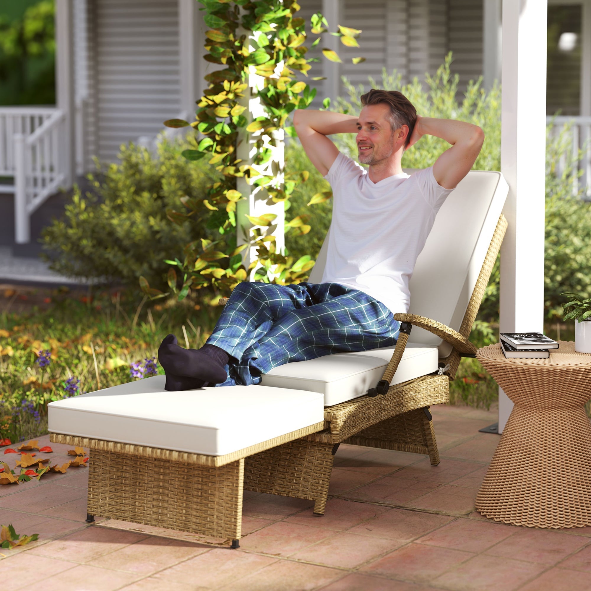 Outsunny Foldable Rattan Garden Recliner Chair w/ Cushion, Footrest - SGP Garden Ltd