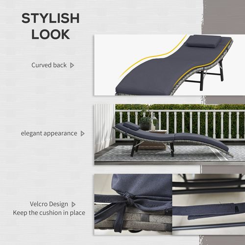 Outsunny Folding Rattan Sun Lounger Outdoor Chair with Cushion and Pillow, Grey - SGP Garden Ltd