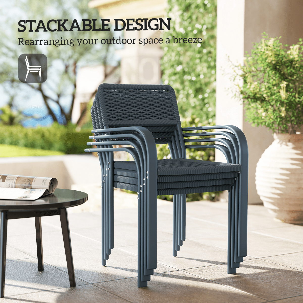 Outsunny Garden Chairs Set of 4, Stackable & Rattan Effect, Dark Grey - SGP Garden Ltd