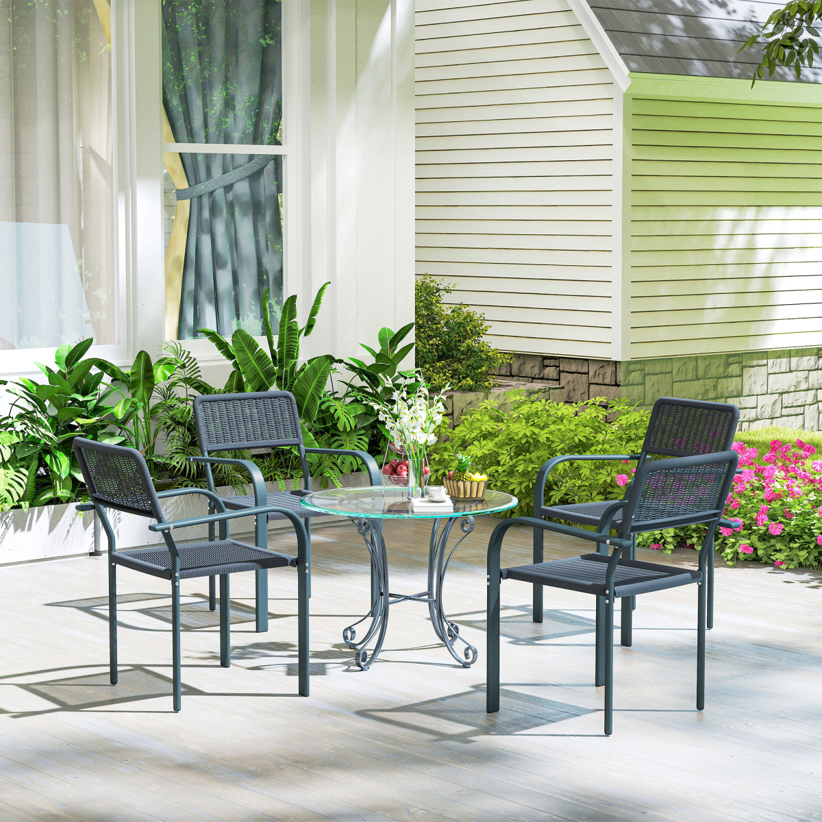 Outsunny Garden Chairs Set of 4, Stackable & Rattan Effect, Dark Grey - SGP Garden Ltd