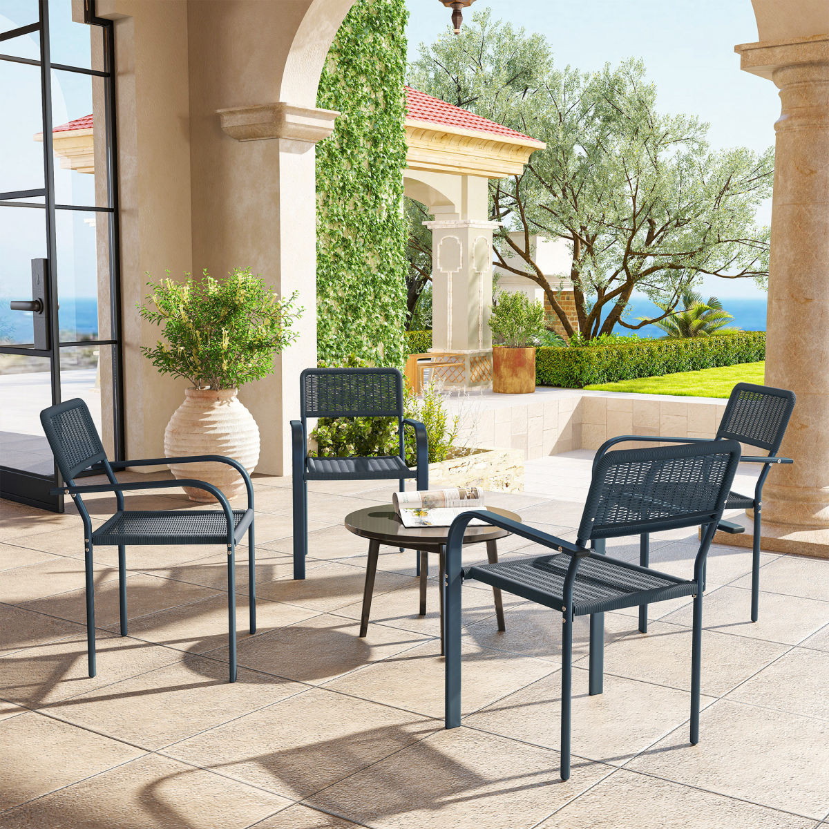 Outsunny Garden Chairs Set of 4, Stackable & Rattan Effect, Dark Grey - SGP Garden Ltd