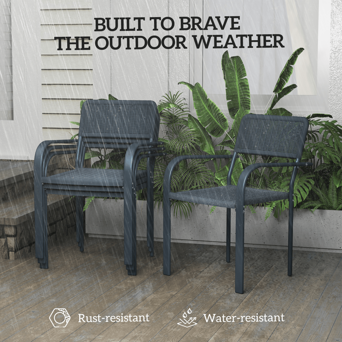Outsunny Garden Chairs Set of 4, Stackable & Rattan Effect, Dark Grey - SGP Garden Ltd