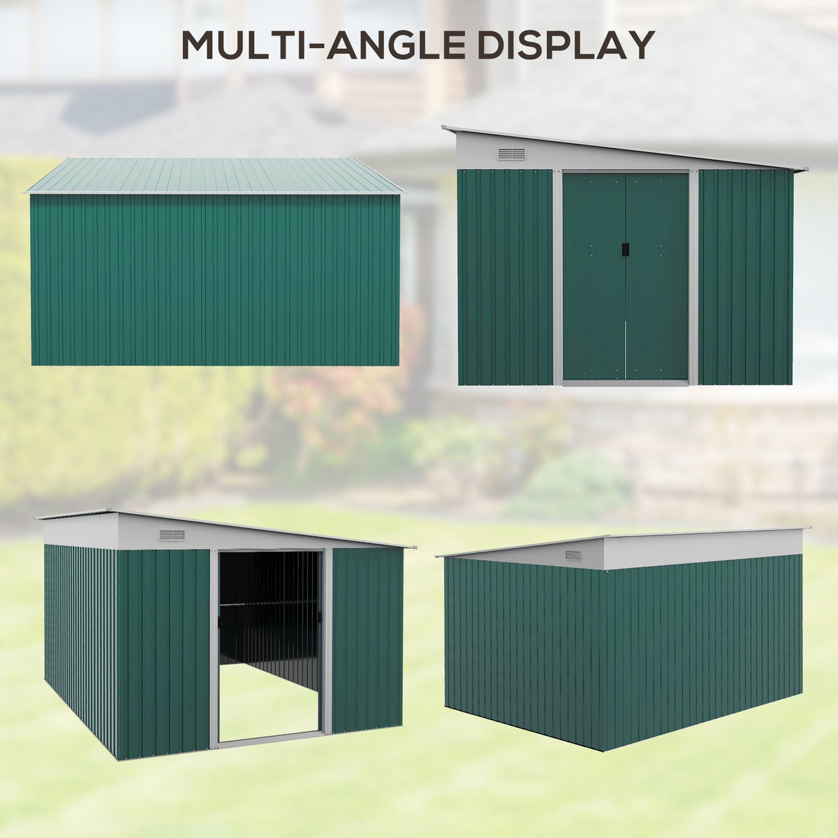 Outsunny Garden Metal Storage Shed Outdoor Metal Tool House with Double Sliding Doors and 2 Air Vents, 11.3x9.2ft, Green - SGP Garden Ltd