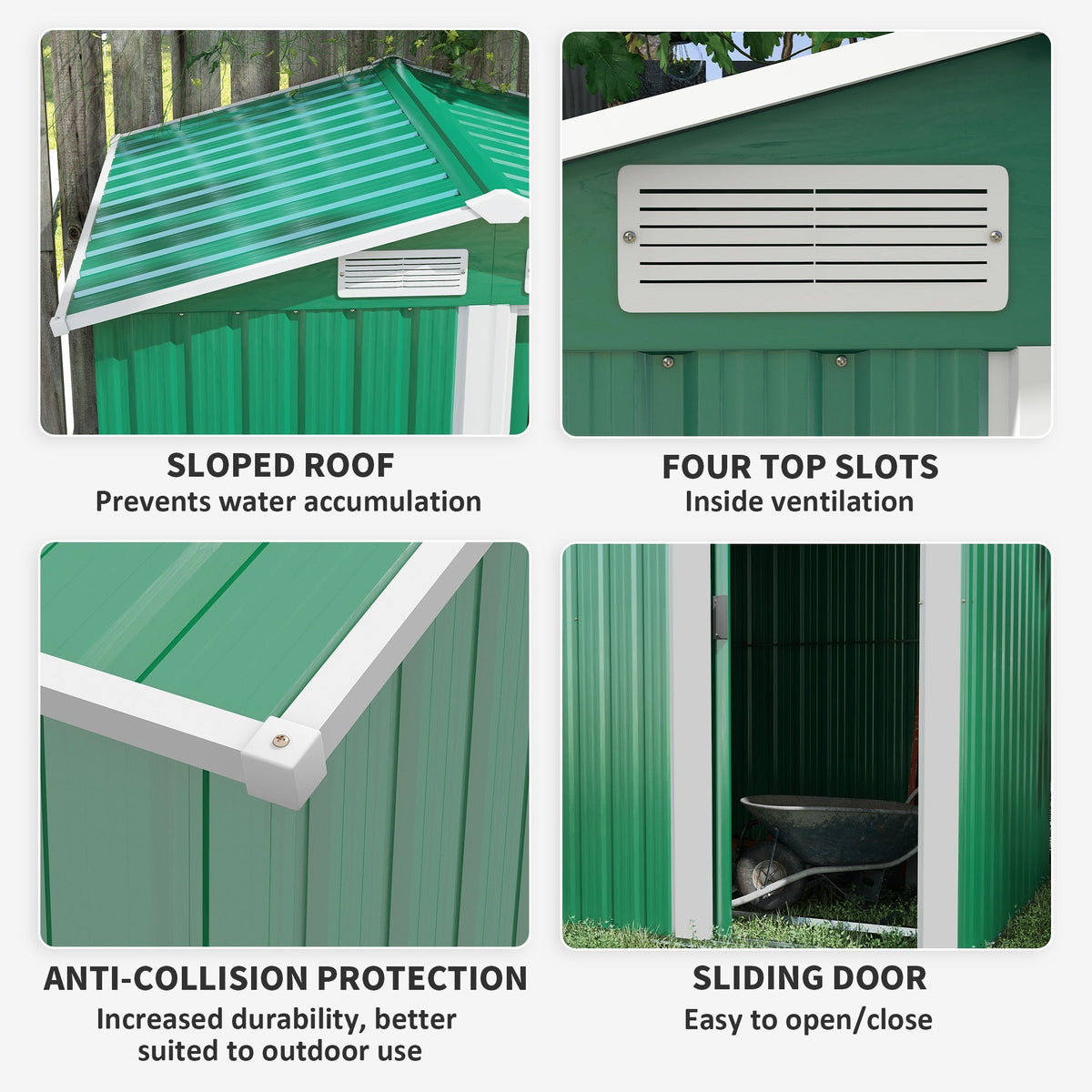 Outsunny Garden Metal Tool Storage Shed with Sliding Door, Sloped Roof and Floor Foundation, 152 x 132 x 188cm, Green - SGP Garden Ltd