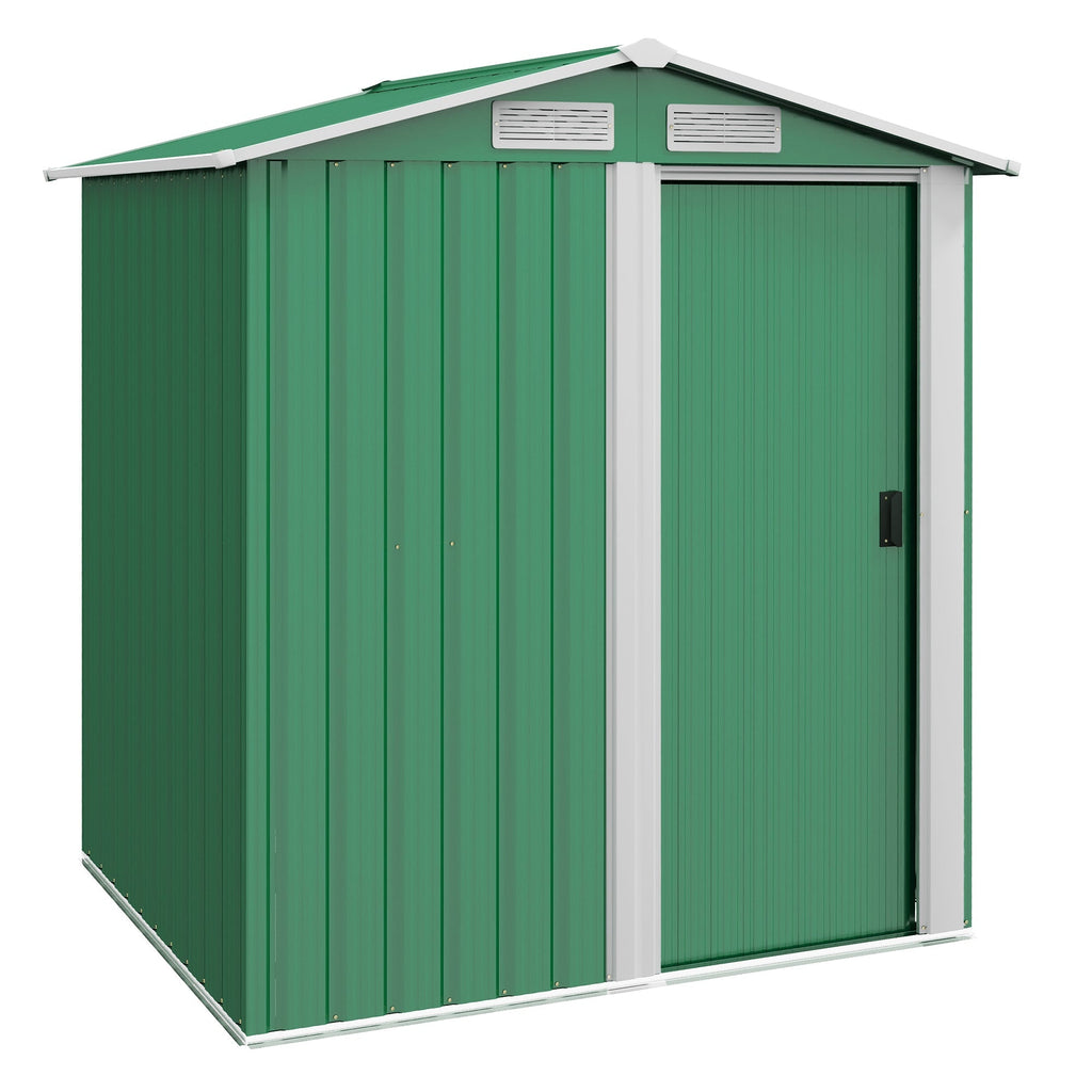 Outsunny Garden Metal Tool Storage Shed with Sliding Door, Sloped Roof and Floor Foundation, 152 x 132 x 188cm, Green - SGP Garden Ltd