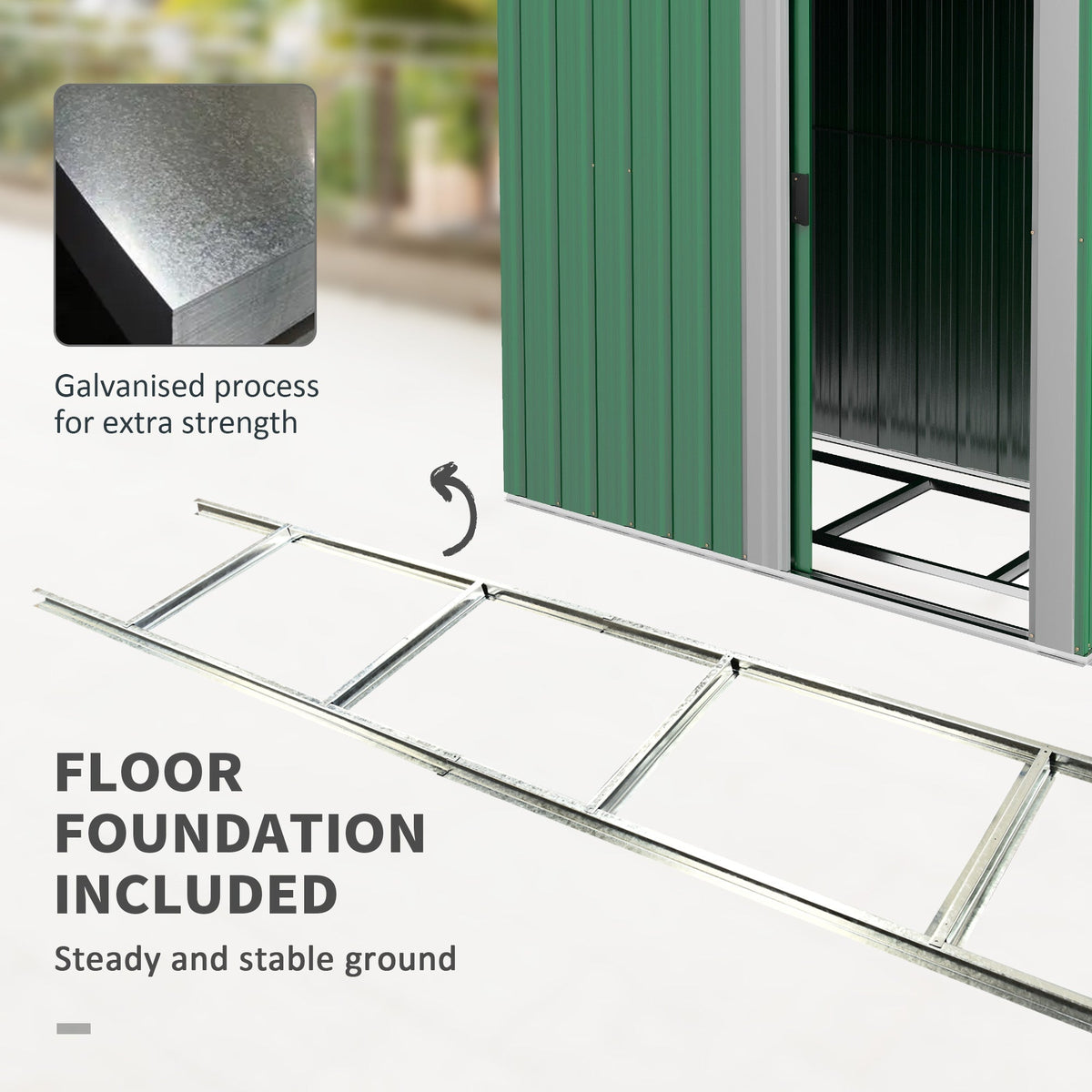 Outsunny Garden Metal Tool Storage Shed with Sliding Door, Sloped Roof and Floor Foundation, 152 x 132 x 188cm, Green - SGP Garden Ltd
