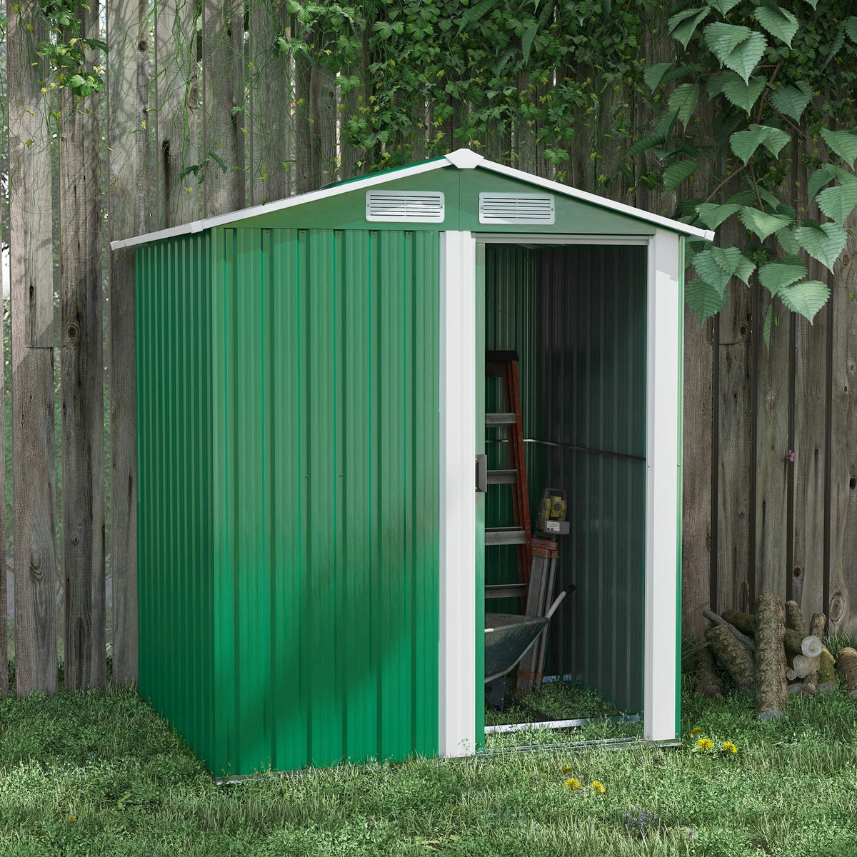 Outsunny Garden Metal Tool Storage Shed with Sliding Door, Sloped Roof and Floor Foundation, 152 x 132 x 188cm, Green - SGP Garden Ltd