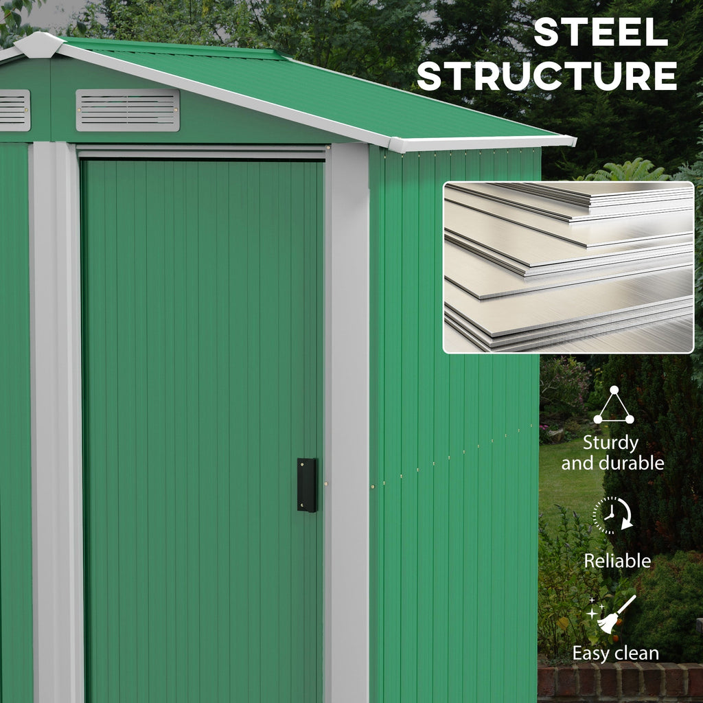 Outsunny Garden Metal Tool Storage Shed with Sliding Door, Sloped Roof and Floor Foundation, 152 x 132 x 188cm, Green - SGP Garden Ltd