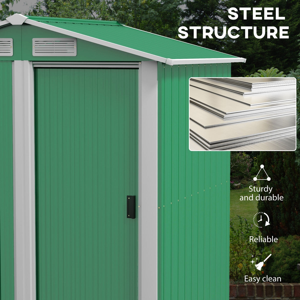 Outsunny Garden Metal Tool Storage Shed with Sliding Door, Sloped Roof and Floor Foundation, 152 x 132 x 188cm, Green - SGP Garden Ltd