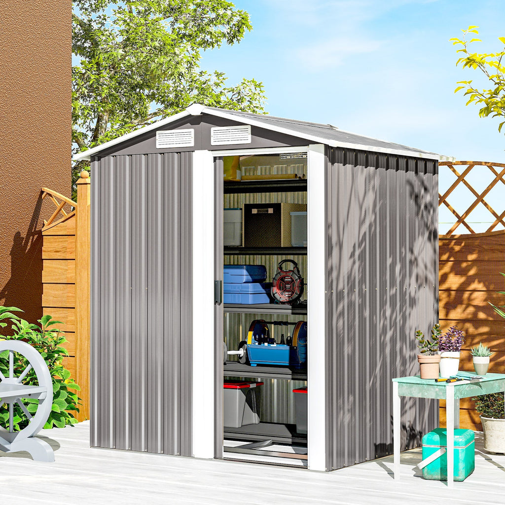 Outsunny Garden Metal Tool Storage Shed with Sliding Door, Sloped Roof and Foundation Kit, 152 x 132 x 188cm, Grey - SGP Garden Ltd