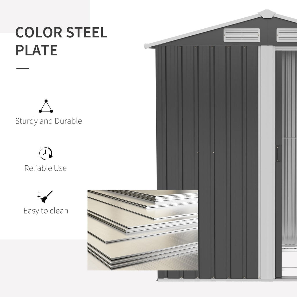 Outsunny Garden Metal Tool Storage Shed with Sliding Door, Sloped Roof and Foundation Kit, 152 x 132 x 188cm, Grey - SGP Garden Ltd