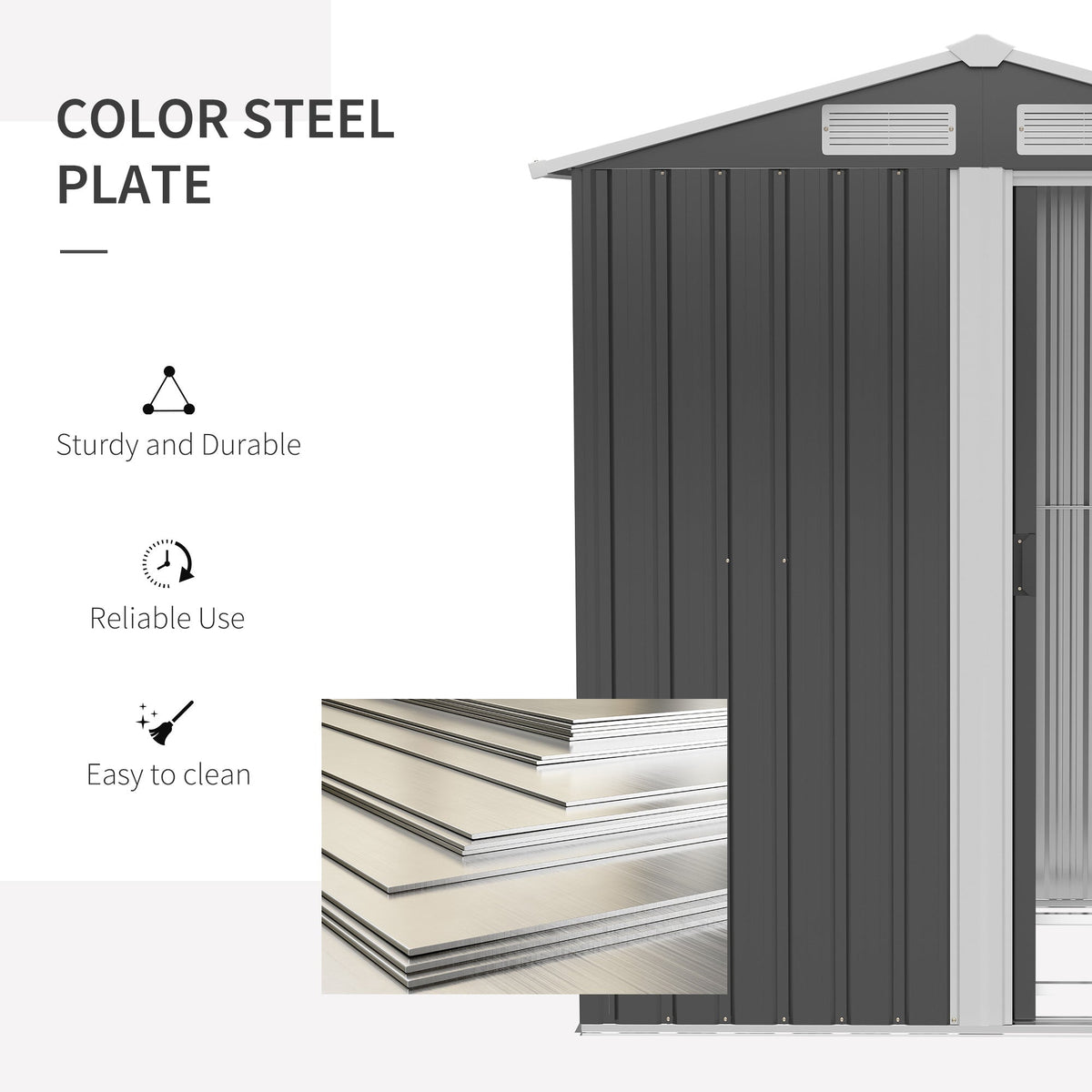 Outsunny Garden Metal Tool Storage Shed with Sliding Door, Sloped Roof and Foundation Kit, 152 x 132 x 188cm, Grey - SGP Garden Ltd