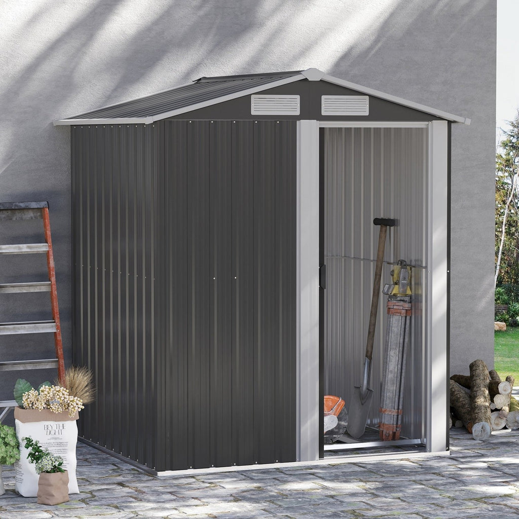 Outsunny Garden Metal Tool Storage Shed with Sliding Door, Sloped Roof and Foundation Kit, 152 x 132 x 188cm, Grey - SGP Garden Ltd