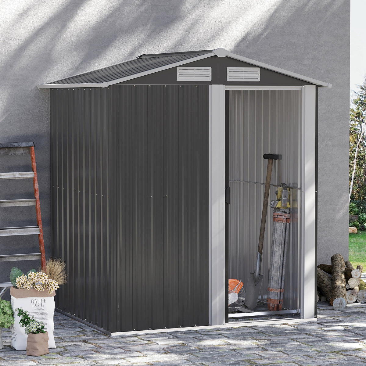 Outsunny Garden Metal Tool Storage Shed with Sliding Door, Sloped Roof and Foundation Kit, 152 x 132 x 188cm, Grey - SGP Garden Ltd